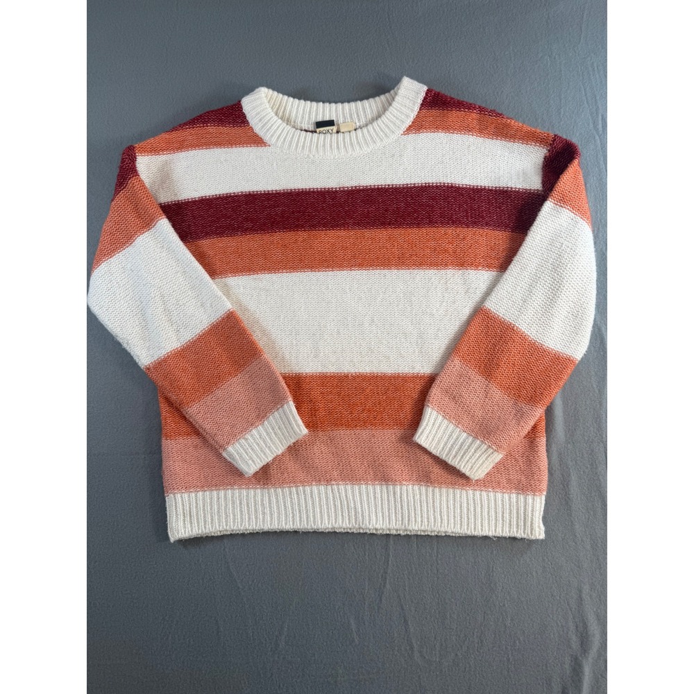 Roxy Womens Striped Knit Crew Neck Pullover Sweater Orange Cream Small